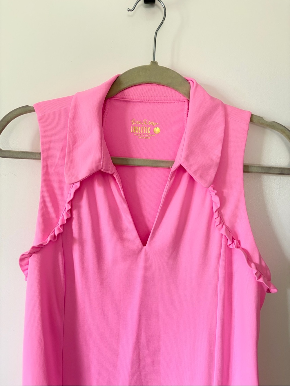 Lilly Pulitzer Luxletic Pink Ruffle Sleeveless Golf Polo Top | Size L - Picture 3 of 5